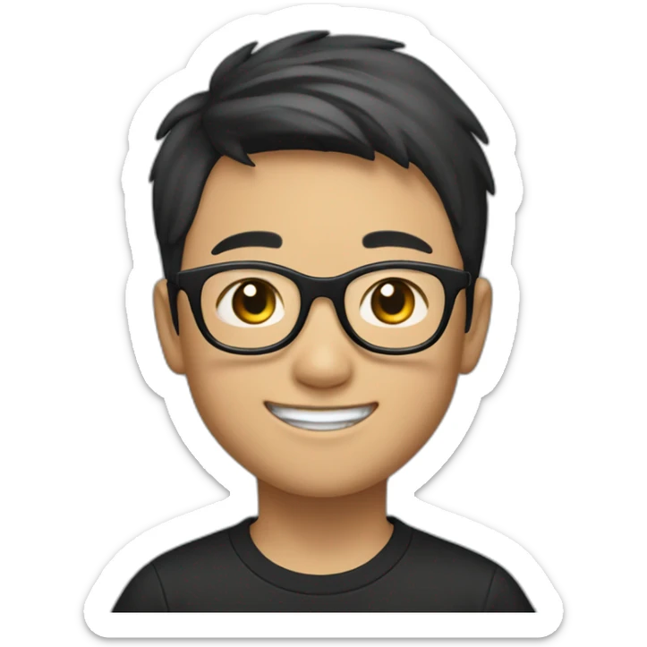 The young Chinese boy smiled with short hair, black-rimmed glasses and a black T-shirt. sticker