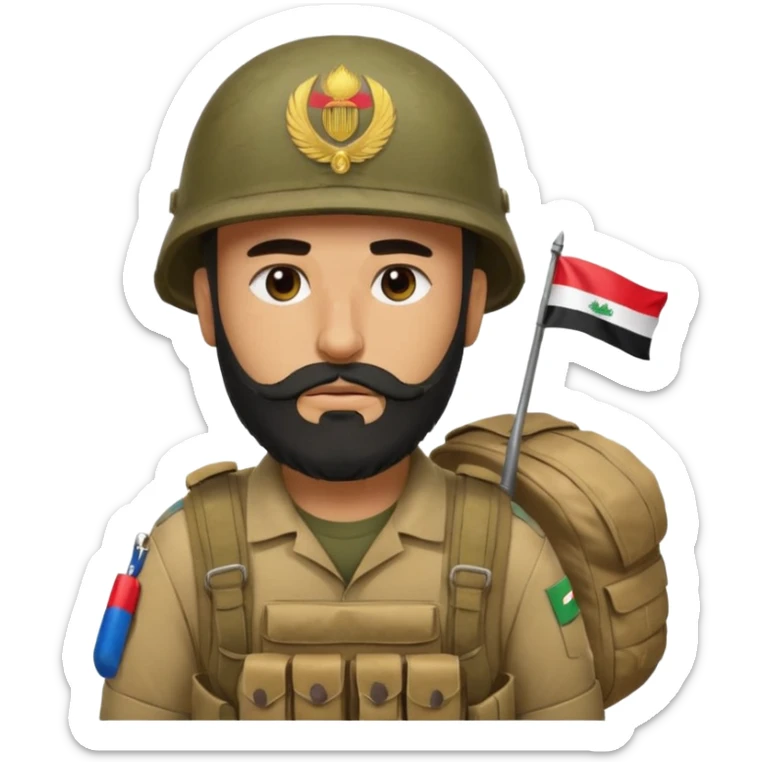 A tired and sad, swarthy Iraqi soldier with a beard, an Iraqi flag on his helmet, a sad expression and bags under his eyes sticker