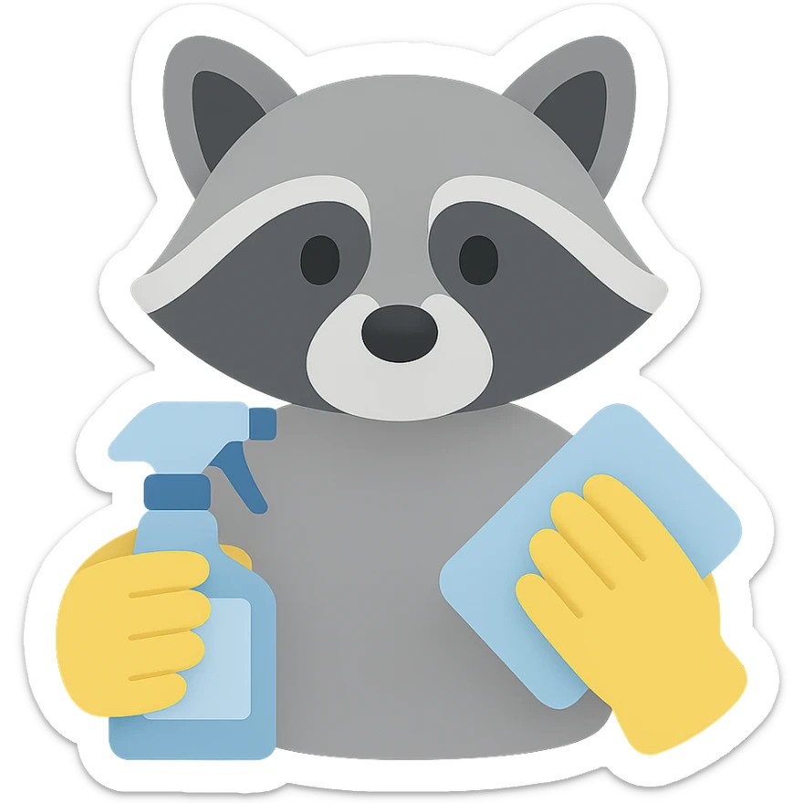 a raccoon with a cleaning spray and cloth, wearing gloves, modern flat color style sticker