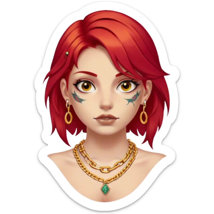 Red hair girl with tattoos on face, gold chain around neck sticker