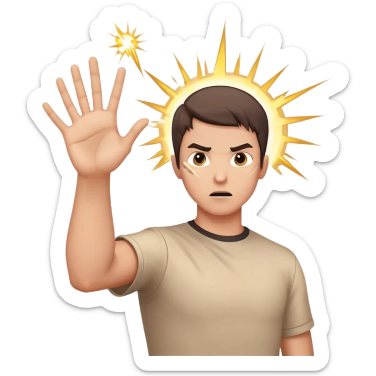 person aiming open palm hand at viewer, hand takes up most of the image, wrathful destructive facial expression, lightning blasts in background sticker