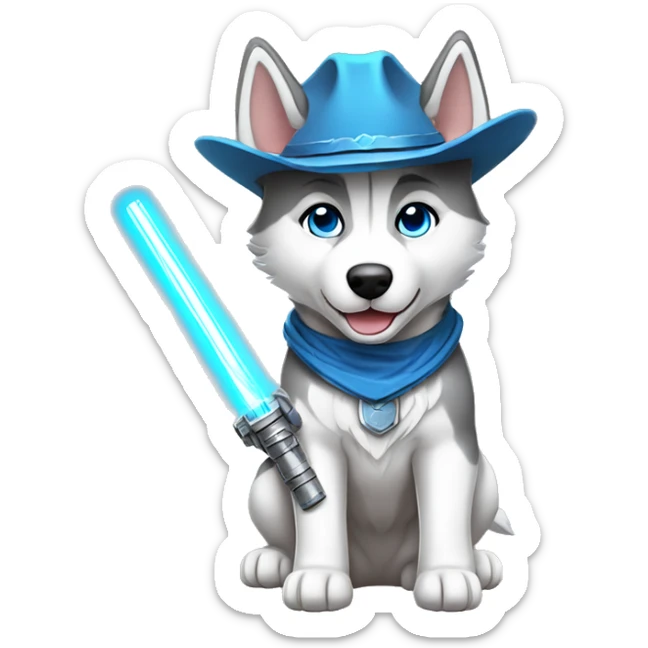 Gray Siberian Husky with blue eyes puppy wearing a cowboy hat dressed in Jedi clothing Holding a Lightsaber with the Paw sticker