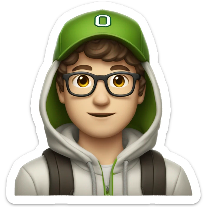 jeremy allen white with brown hair, glasses, and a university of Oregon baseball hat, and a hoodie, and fair skin  sticker
