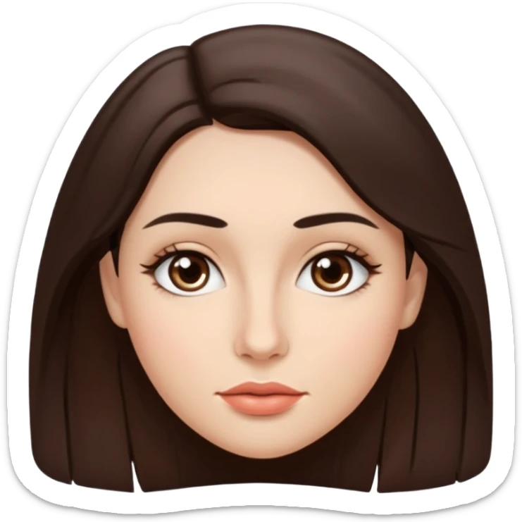 A woman emoji with fair skin, slightly wavy dark brown hair parted in the middle, an oval-shaped face, arched dark eyebrows, almond-shaped brown eyes, a small straight nose, and full lips. sticker