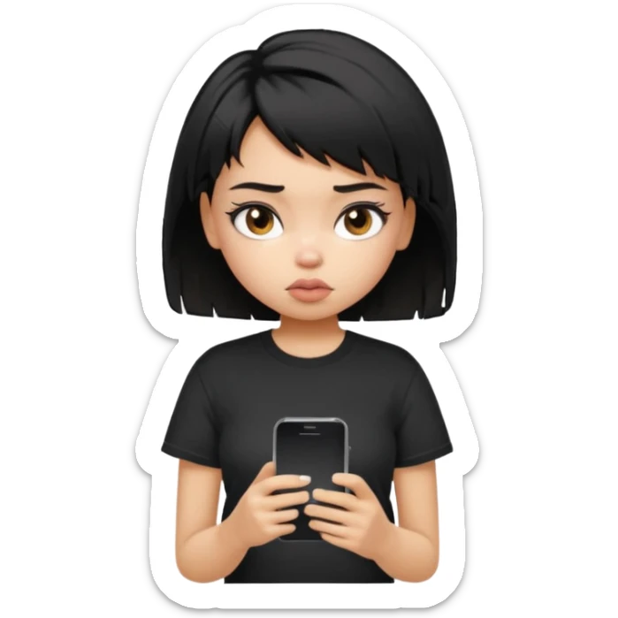 generate a pretty bratz girl with short black very messy hair, looking tired and using her phone, wearing an oversized black tshirt sticker