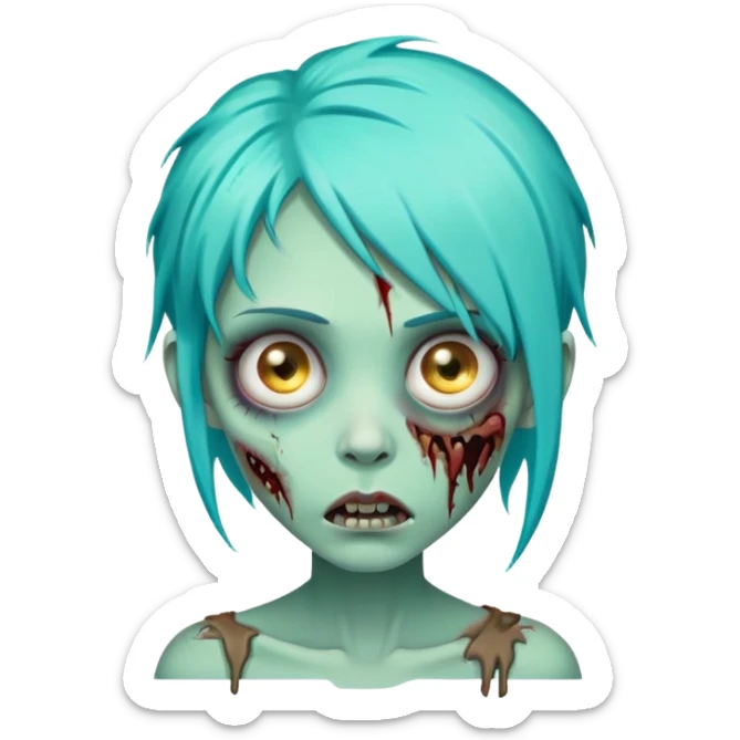 female zombie with bright turquoise hair, rotting skin, sunken eyes, cute but scary sticker