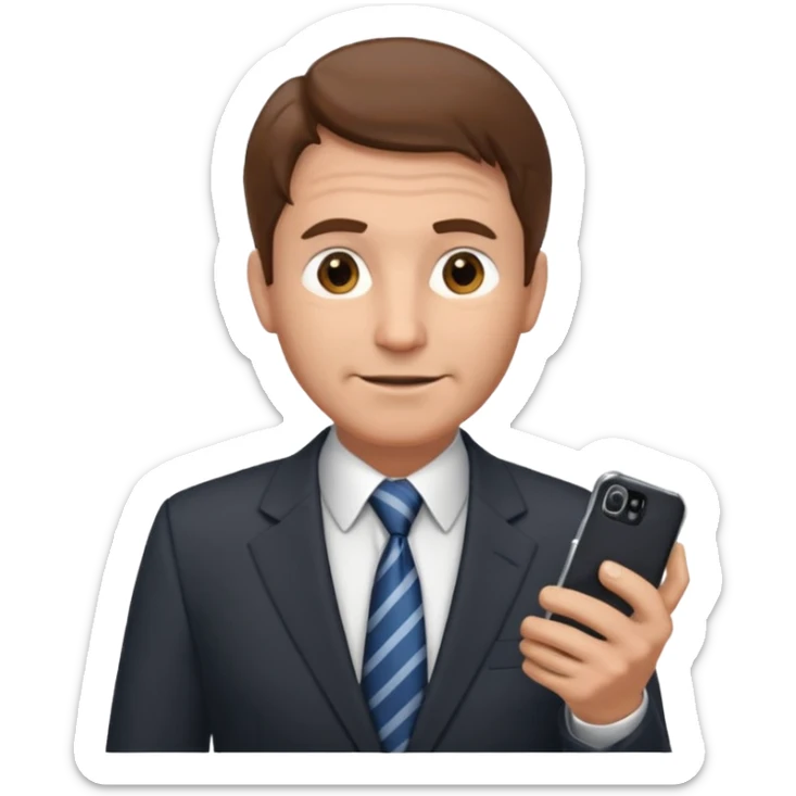 Un hombre  mayor con leve sonrisa de traje con tez clara pelo color castaño, vestido con traje camisa y corbata y celular en mano .  sticker