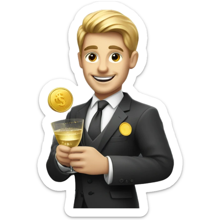Smiling person in a tailored suit holding a gold coin in one hand and a champagne glass in the other, with dollar signs sparkling in their eyes sticker