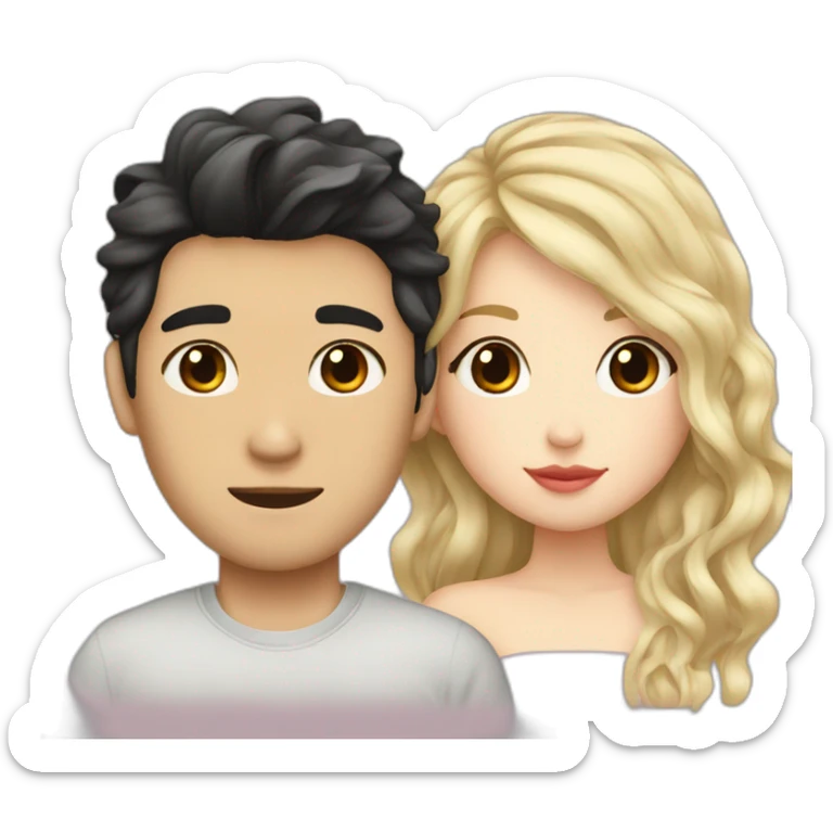 blonde wavy hair girl and japanese boyfriend with dark hair kissing sticker
