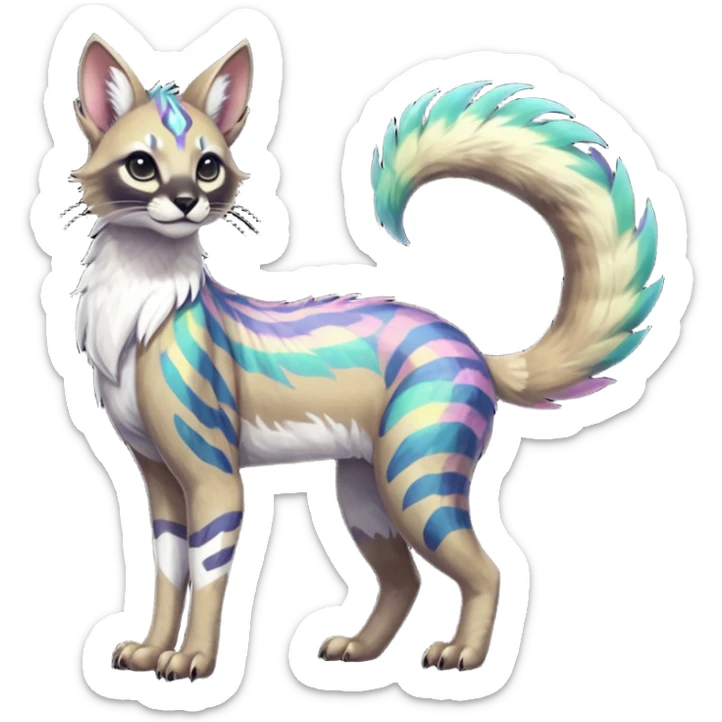 Colorful dark tropical feathery tribal pale light fruity pastel white glorious iridescent divine exotic cute cool beautiful beautiful fantasy-caracal-civet-genet-sergal-vernid-Gryphon-Cacomistle-Trico-oncilla-animal-Fakémon-hybrid-fursona (full body) sticker