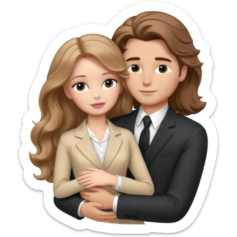 White Barbie girl Chestnut long wavy hair sleeping with In beige clothes, Hugs a man with brown hair, brown eyes and a black suit sticker