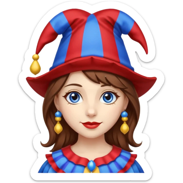 a girl A classic two-armed jester's hat with red and blue stripes, a yellow brim, and small yellow bells on the tips. brown hair blue and red eye's

 sticker