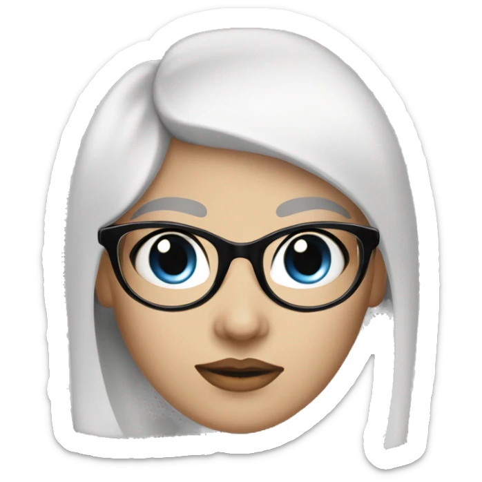 a girl with white skin, long black hair, blue eyes, an oval face, a sharp, neat nose, dark, neat eyebrows and trapezoidal rounded glasses sticker