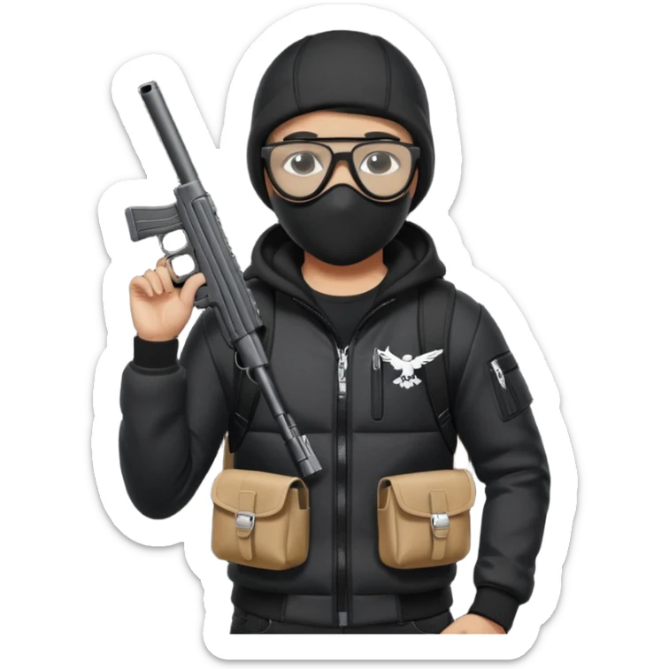 YN wearing a ski mask, holding a gun, all black fit, black jeans, Sprayground bookbag, confident stance with glasses sticker
