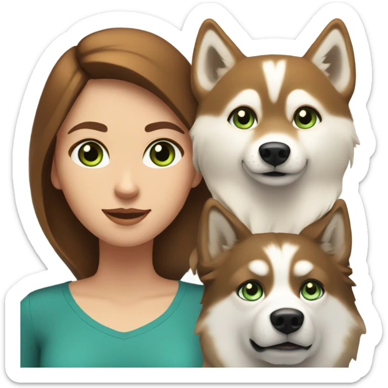 White Woman hair brown and bleus eyes and golden Husky With green eyes sticker
