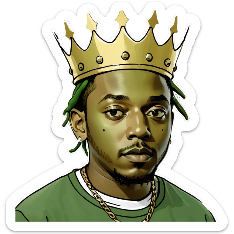 Peepo style emoji of Kendrick Lamar as a king, gold crown, smiling, cartoonish and adorable sticker
