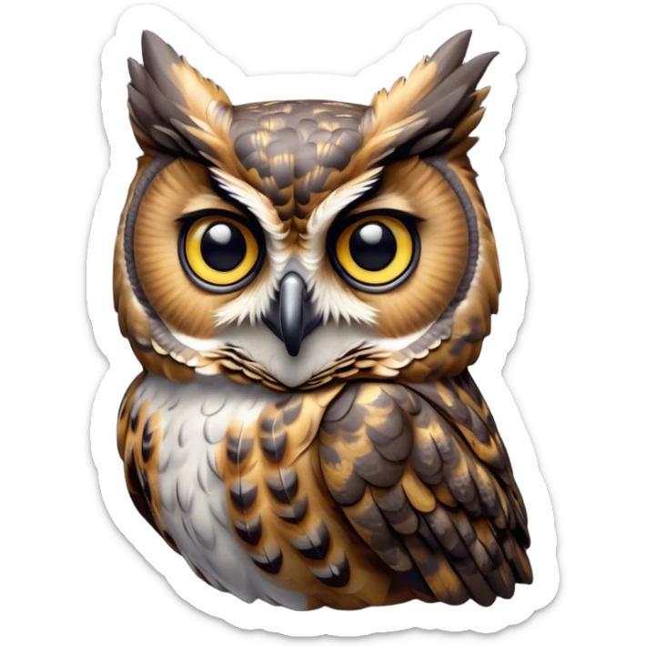 Cinematic Cute Great Horned Owl Portrait Emoji, Head tilted playfully and inquisitively, featuring a lush mottled Fur with intricate patterns of gray and white, round, sparkling golden eyes filled with curious wonder, Simplified yet irresistibly adorable features, highly detailed, glowing with a warm, friendly glow, high shine, affectionate and wise, stylized with a touch of nocturnal whimsy, bright and endearing, soft glowing outline, capturing the essence of a mischievous yet loving owl, so playful it feels like it could glide out of the screen and perch in your arms! sticker
