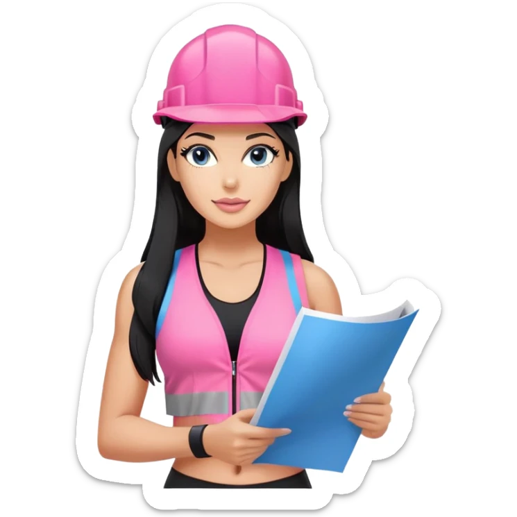 pink construction hat, blue print in hand, long black hair tanned woman, black sports bra, pink vest, sexy sticker