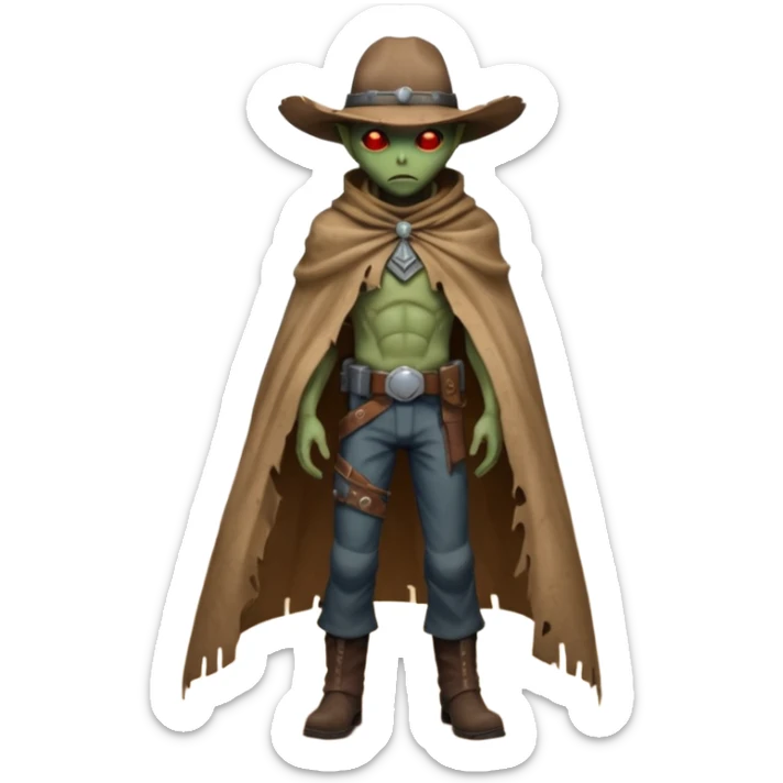 A rugged alien outlaw cowboy with scars and glowing red eyes, torn futuristic poncho, standing in a deserted alien town, dust blowing through empty streets, moody shadows, gritty sci-fi western realism
 sticker