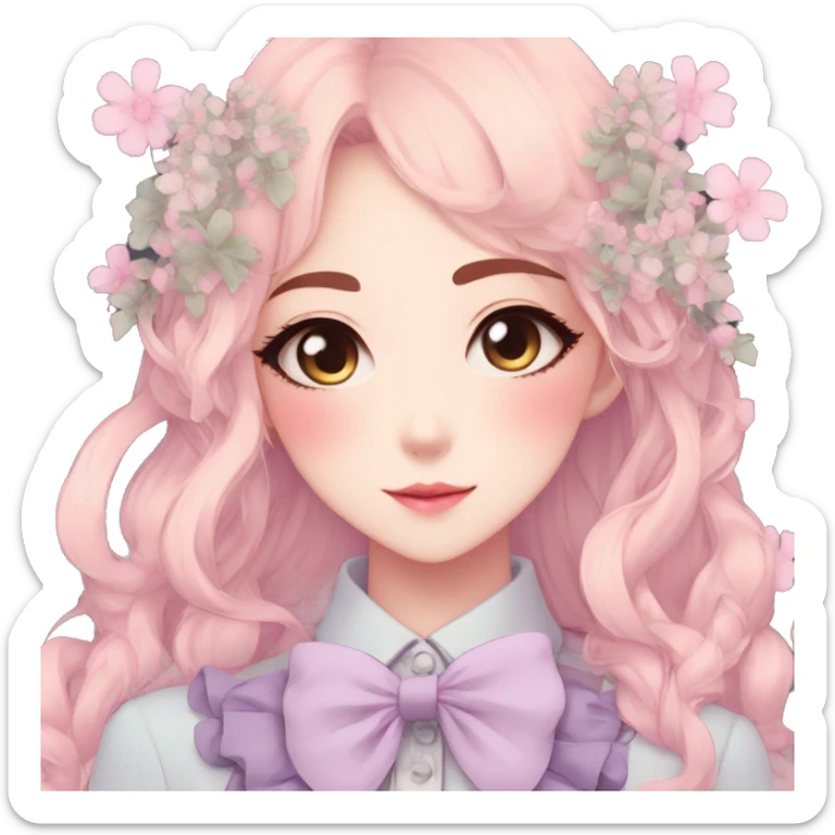 Gorgeous pastel anime style lady with blushing face and flowers and laces and bow ties aesthetic trending style sticker