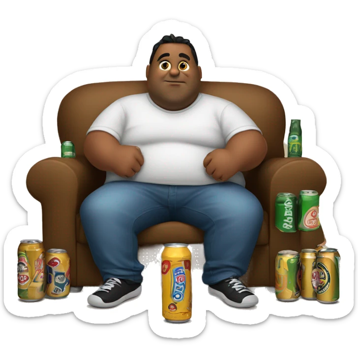 Fat brown guy sitting in the sofa  with beer and empty cans of beer around him sticker