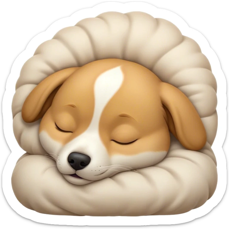 Meme-Worthy Cute Sleeping Domestic Dog Portrait Emoji, Head resting peacefully with a contented smile, showcasing a delightfully cuddly build and a luxuriously soft coat, eyes gently closed in serene, restful slumber, Simplified yet hilariously adorable features, highly detailed, glowing with a soft, drowsy light, high shine, relaxed and utterly lovable, stylized with an air of playful laziness, soft glowing outline, capturing the essence of a sleeping dog that feels destined to become the next viral sensation of adorable rest! sticker