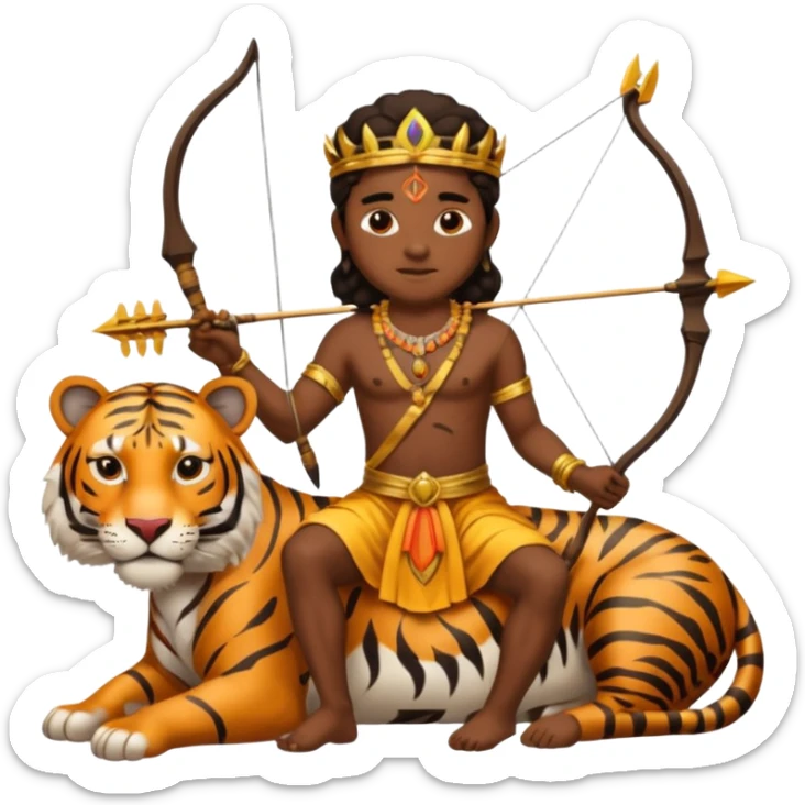 Ayyappa sitting on tiger with bow and arrow and wearing a gold and king dress sticker