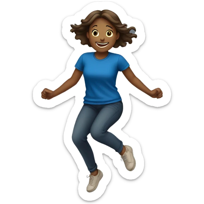Girl jumping in celebration, showing her from behind, just from the hips to the head, light dark skin and brown hair and dark blue T-shirt sticker