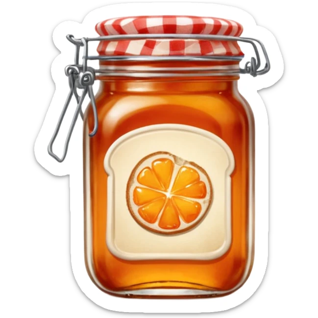 Hermès-style vintage slice of bread with orange marmalade jar, glass jar, red gingham lid, vintage look, cute emoji style sticker