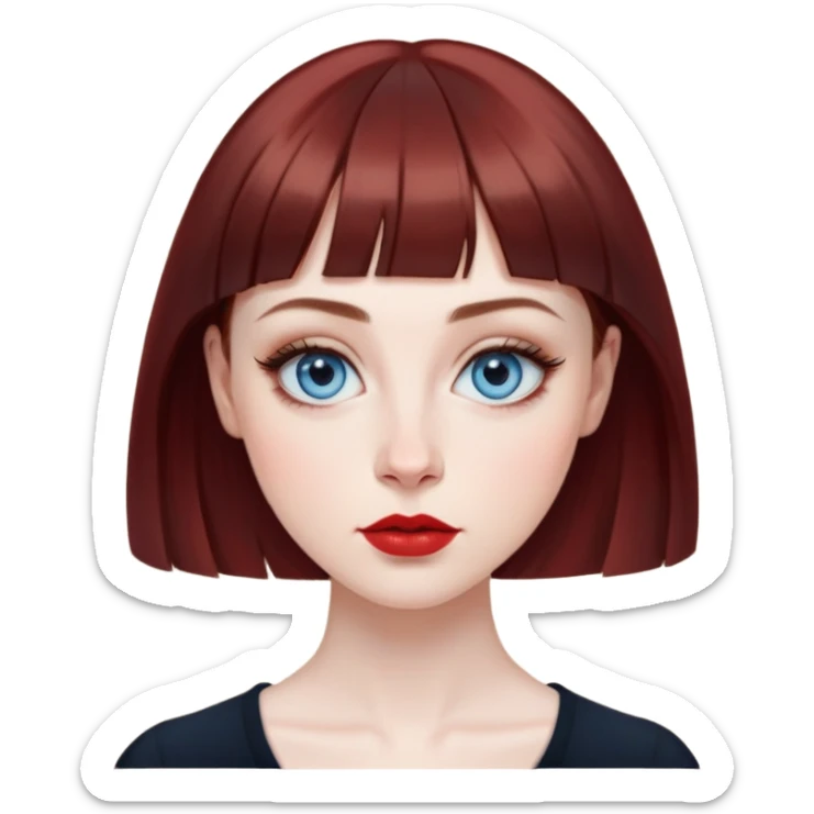 Artistic young woman with pale skin, oval face, large expressive blue eyes with eyeliner, thin arched eyebrows, small nose, full lips with red lipstick, dark auburn hair that's straight with slight waves at ends, straight bangs, wearing a black top, warm creative expression sticker