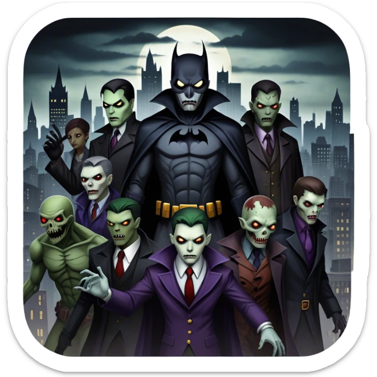 Icon for Thriller Movies: A large, dramatic collage featuring sinister villains and zombies in dark clothing. The background shows the gloomy cityscape of Gotham with dim lighting and eerie shadows. The atmosphere should be tense, mysterious, and suspenseful. Transparent background. sticker