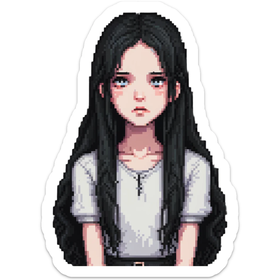 pale girl with long black hair, sad expression sticker