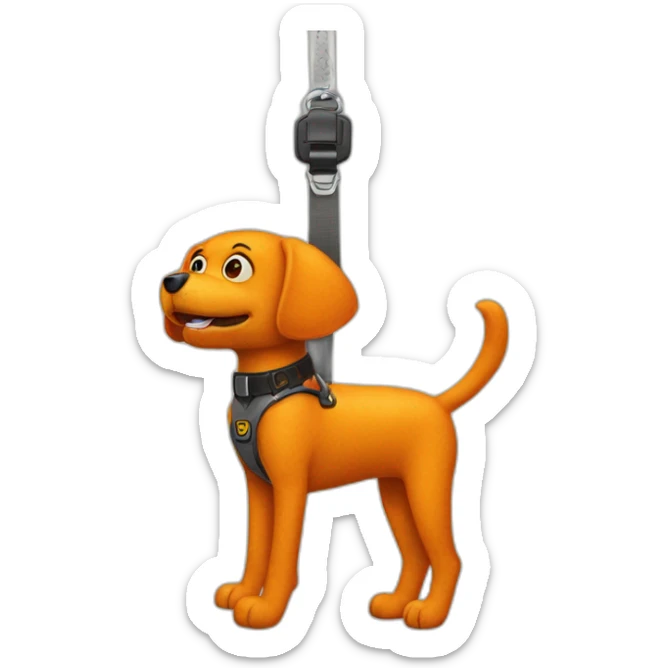 animatronic orange dog hanging of from belts and no legs sticker