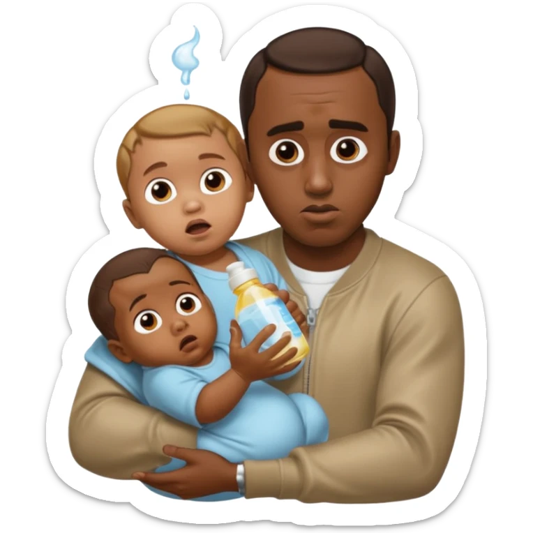 Sean “Diddy” Combs with baby oil and a very small infant and he’s pouring the baby oil on the baby and they have a scared face they’re really scared sticker