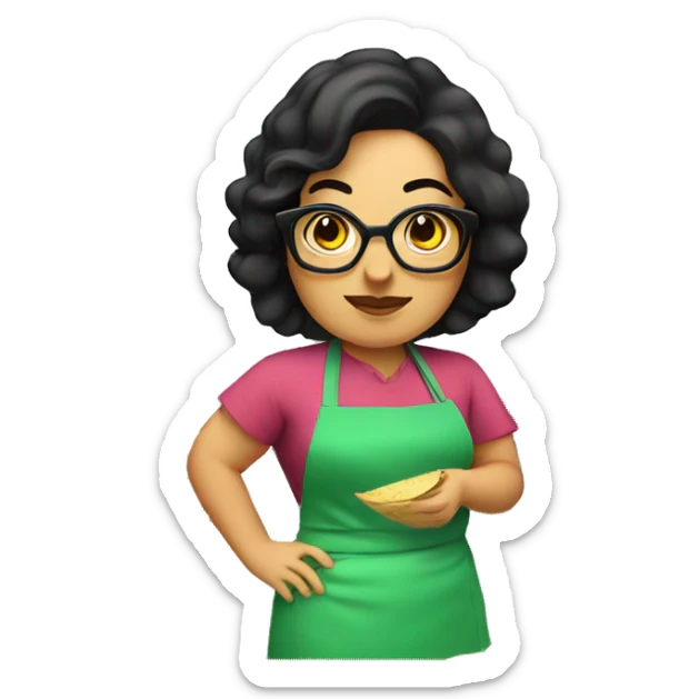 chubby lady with black hair green apron  with glasses cooking tacos sticker