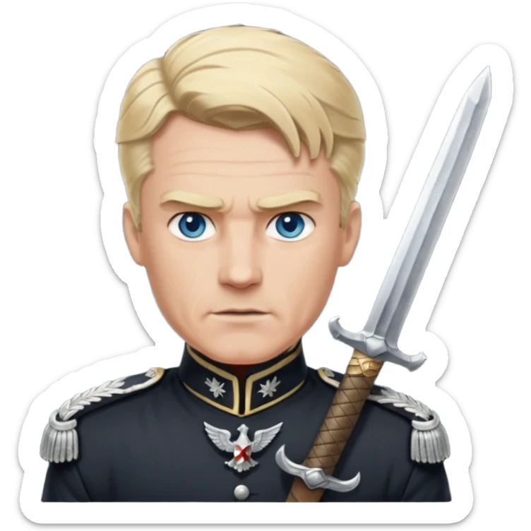 Salutierender 2. Weltkriegsgeneral von hohem Rang und hohem Ansehen, mit harter wettergegärbter Haut, blond und blauäugig, gross, muskelbepackt mit Schwarzer Uniformit weißen Abzeichen und einem riesigen Schwert zum Angriff bereit 
 sticker