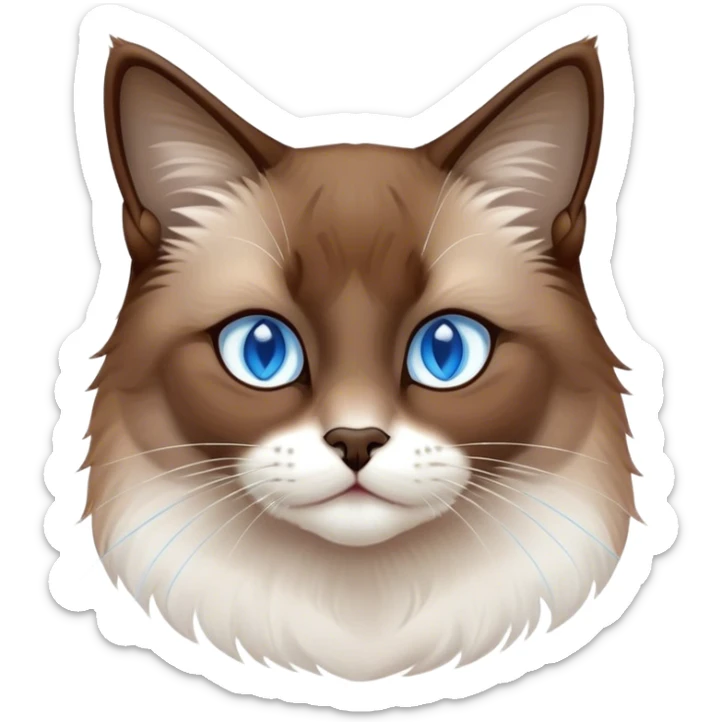 Cinematic Noble Brown Mantle Snowshoe Cat Portrait Emoji, Poised and regal, with sleek brown fur draping elegantly over its back like a mantle, contrasted by a crisp white chest, paws, and facial markings, piercing icy-blue eyes, Simplified yet sharp and sophisticated features, highly detailed, glowing with a soft, dignified glow, high shine, intelligent and graceful, stylized with an air of elegance, focused and attentive, soft glowing outline, capturing the essence of a watchful and refined feline, so majestic it feels as though it could glide across the screen with effortless confidence! sticker