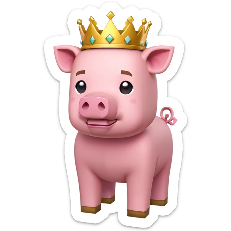 minecraft pig full body pink blocky animal with square head wearing a crown sticker