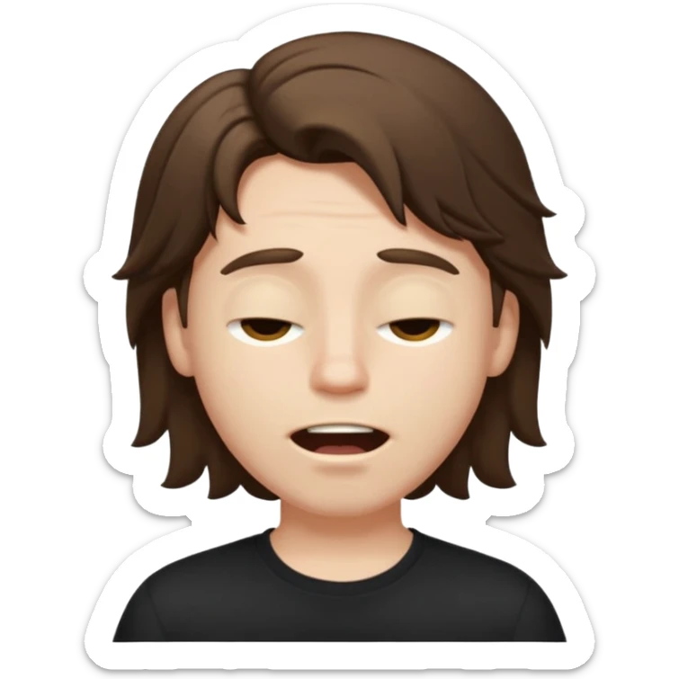 front emoji of a white boy with large brown hair, semi-closed eyes, wide open mouth, black shirt, expressive emoji style, focus on hair volume sticker