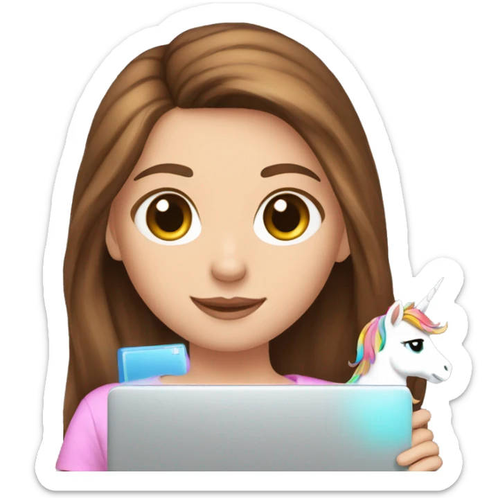 Brown hair, white girl, hazel eyes, holding a tiny colorful unicorn and a laptop sticker