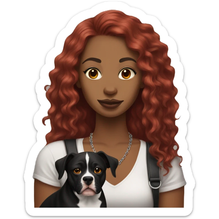 Long Red haired woman with septum piercing holding black and white English Staffordshire dog sticker