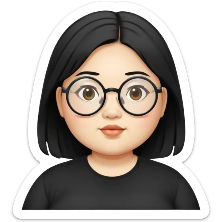 chubby asian waman wear circle glasses  medium  black hair wear black shirt  sticker