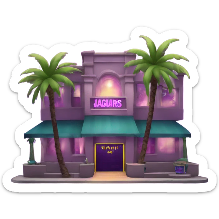 I need a two story night club with purple lights and palm trees labeled Jaguars sticker
