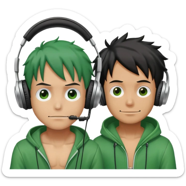 Green Luffy and green Alastor wearing headphones listening to music together sticker