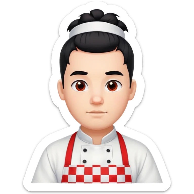 big boy with black hair in a topknot, wearing a white apron with red squares pattern sticker