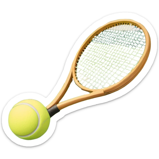A tennis racket resting on the green grass of a tennis court, with a tennis ball placed nearby and the net stretching across the court. The background captures the fresh, open atmosphere of a traditional grass court, emphasizing the elegance and precision of the sport. sticker