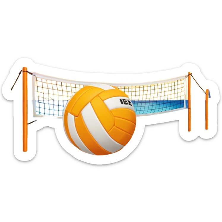 A volleyball resting on the yellow sand on a beach, with the net in the background and a scenic view of the ocean and sky. The scene captures the relaxed yet competitive vibe of beach volleyball, with warm sunlight and the natural beauty of the beach. sticker