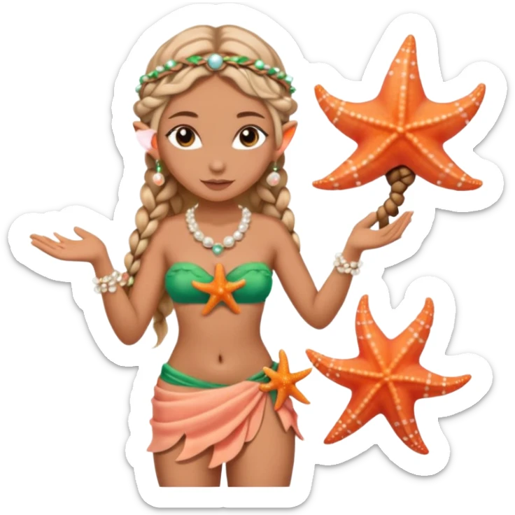 female elf in seashell bikini top, sarong skirt, braided hair with pearls. Holding starfish sticker