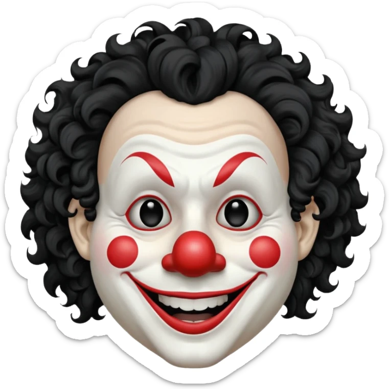 generate white clown mask emoji with a big curly black hair 

wide black coloured smile, no red nose but instead long and pointy white nose with no nostrils, pitch black eyes, no brows sticker
