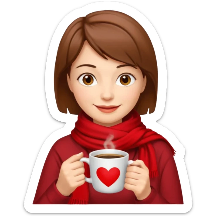 a middle age woman with brown short hair, having red scarf, drink coffee, enjoy sticker